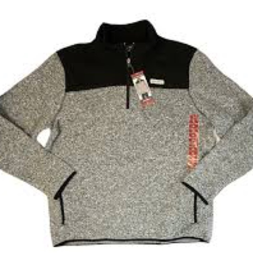 Eddie Bauer 1/4 zip sweater fleece, pockets, heather gray and black, NWT